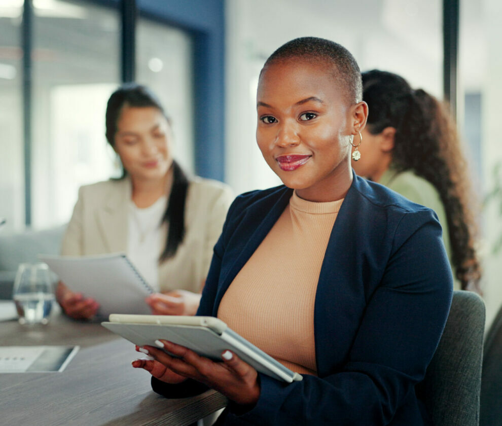 Business meeting, black woman and portrait with tablet for online planning, strategy and smile. Happy female worker working on digital technology for productivity, connection and happiness in startup
